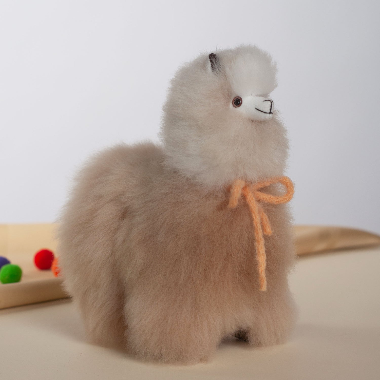 Alpaca Plush with Bow White & Beige, Made with Alpaca Fur