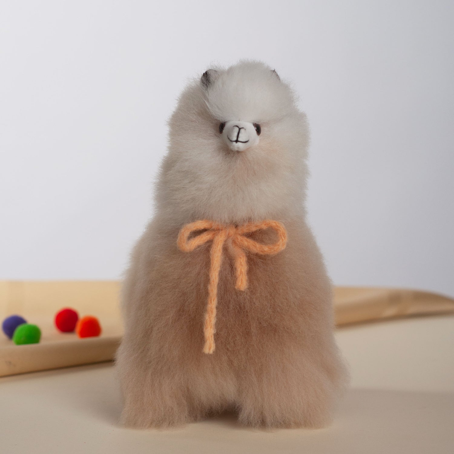 Alpaca Plush with Bow White & Beige, Made with Alpaca Fur