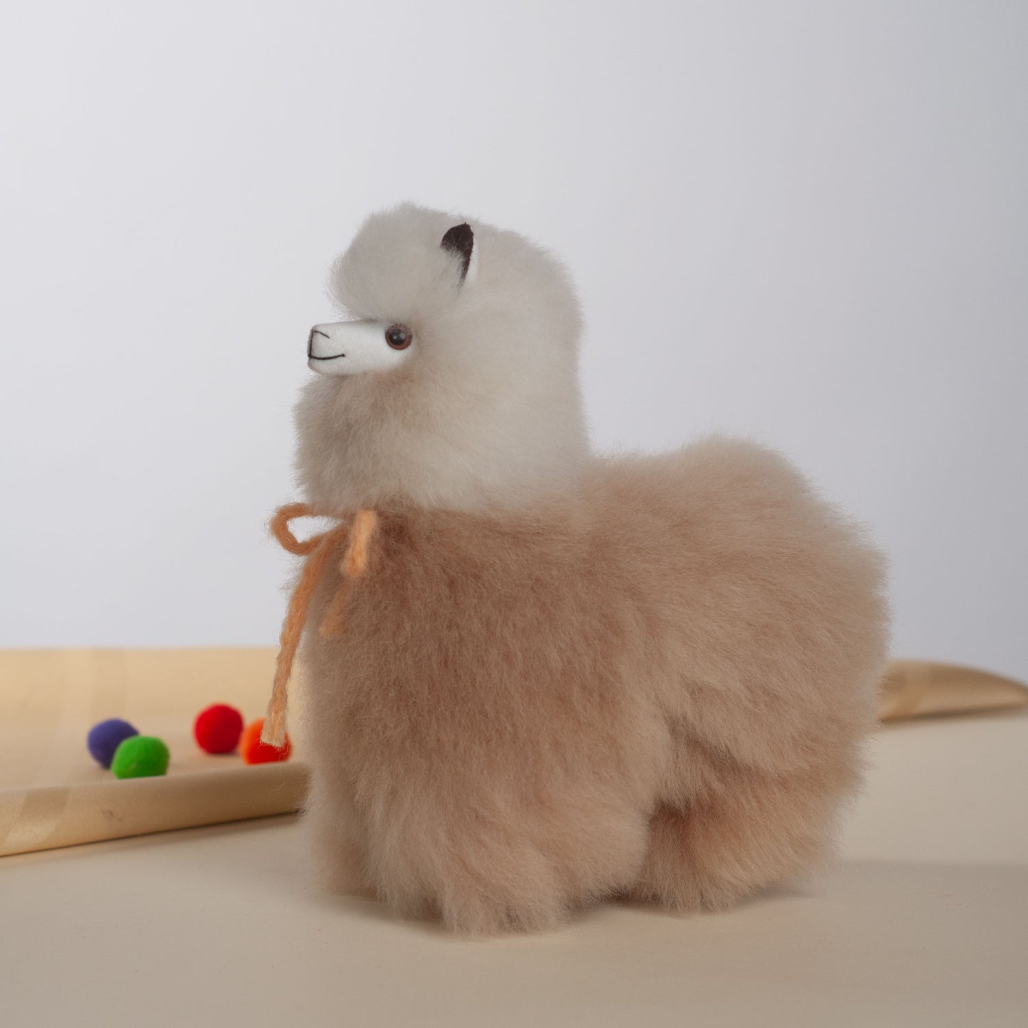 Alpaca Plush with Bow White & Beige, Made with Alpaca Fur