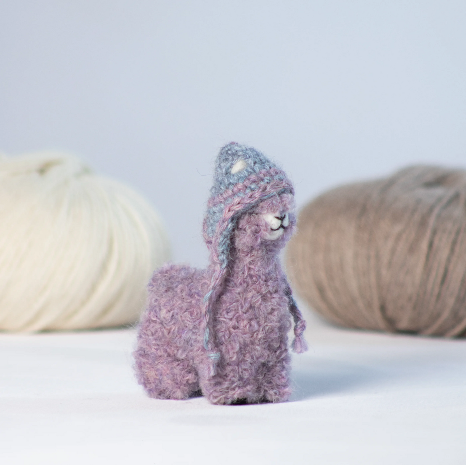 Needle Felted Pastel Alpaca w/ Mini Chullo Hat – Lilac, Light Blue & Light Salmon