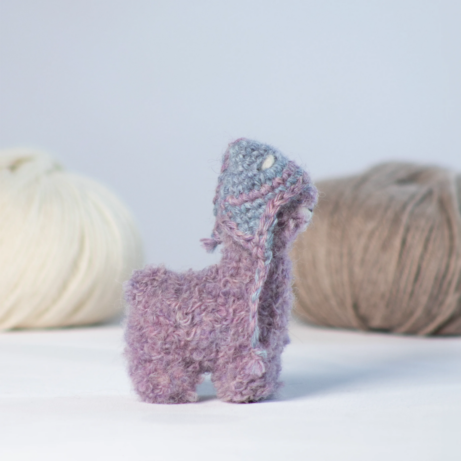 Needle Felted Pastel Alpaca w/ Mini Chullo Hat – Lilac, Light Blue & Light Salmon