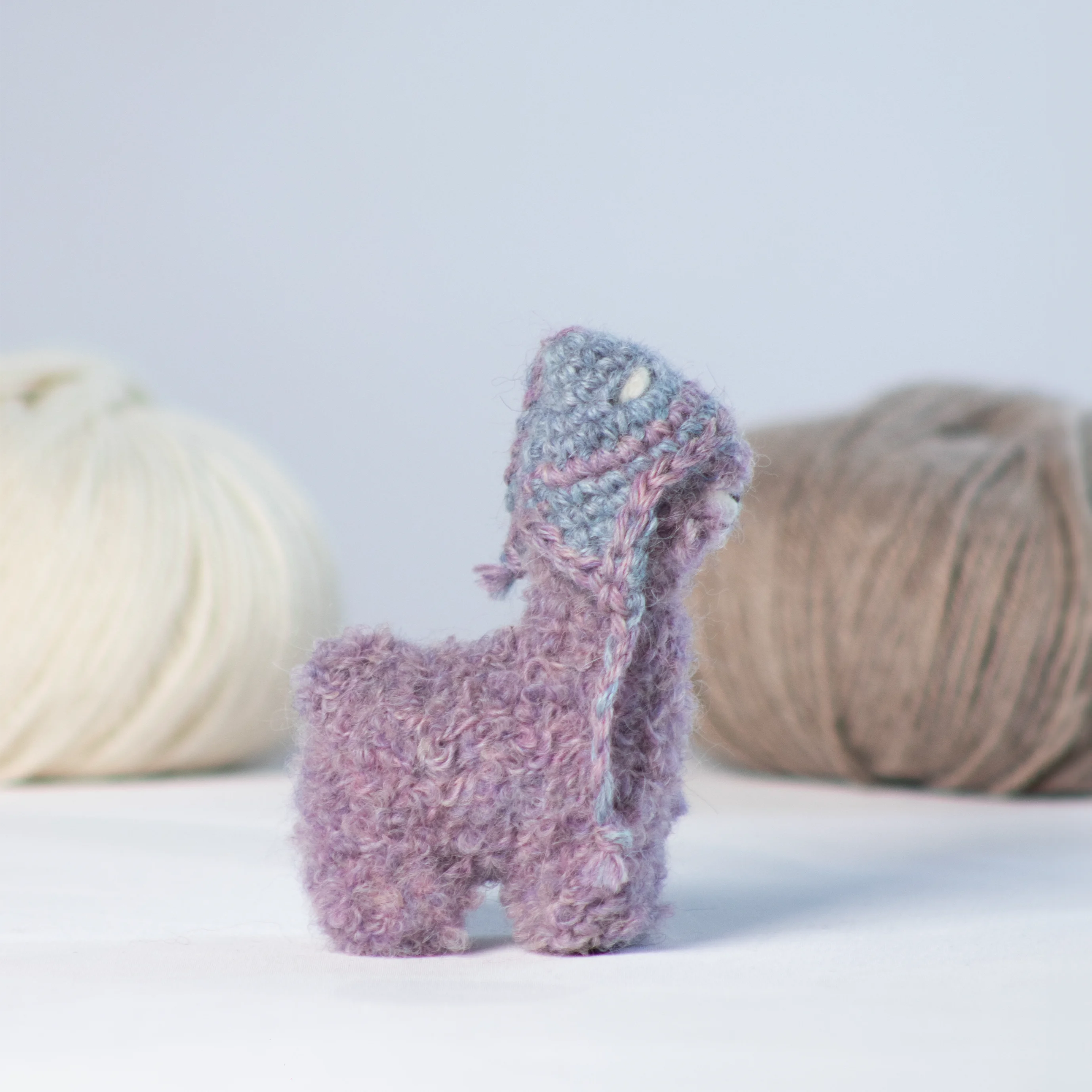 Needle Felted Pastel Alpaca w/ Mini Chullo Hat – Lilac, Light Blue & Light Salmon