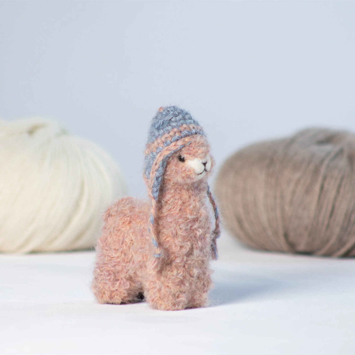 Needle Felted Pastel Alpaca w/ Mini Chullo Hat – Lilac, Light Blue & Light Salmon