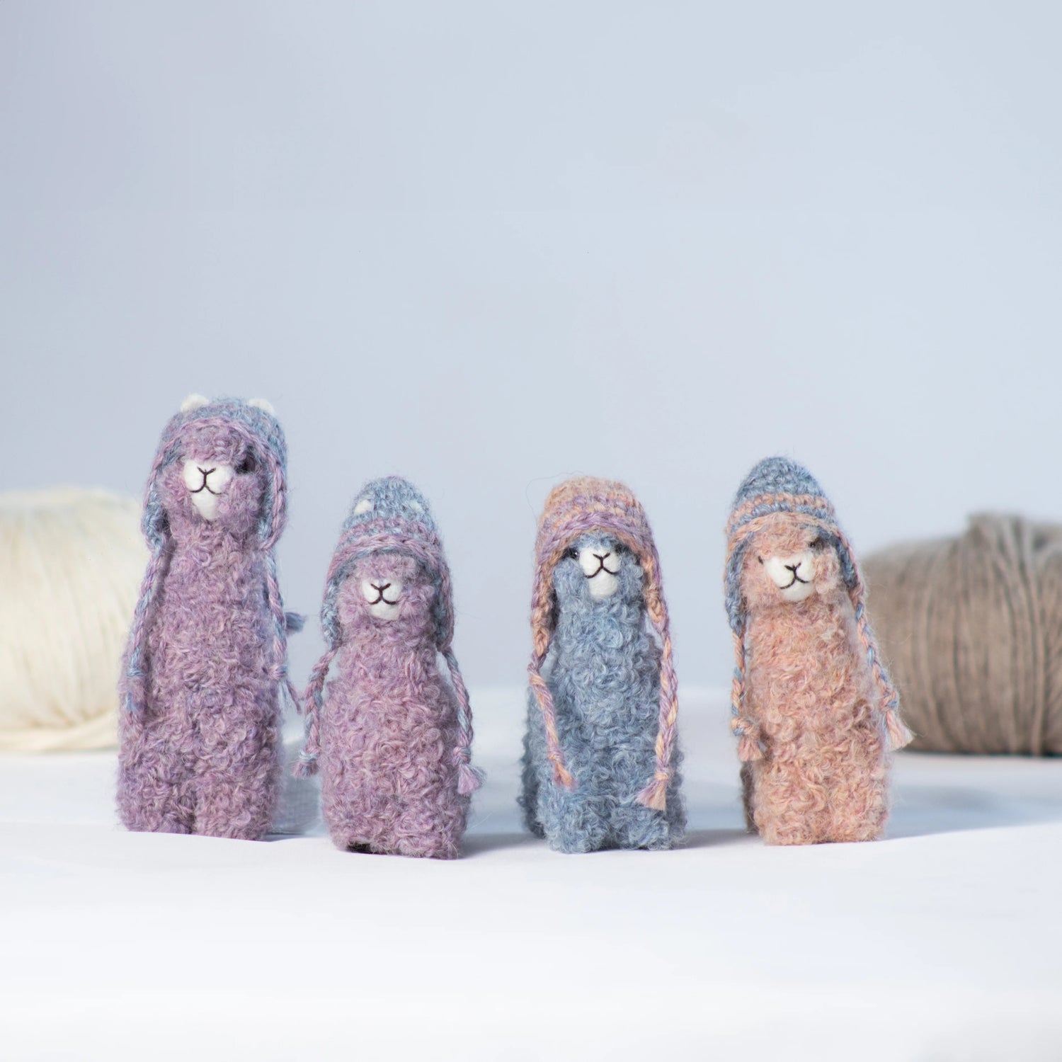 Needle Felted Pastel Alpaca w/ Mini Chullo Hat – Lilac, Light Blue & Light Salmon