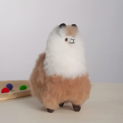 Small Stuffed Llama White &amp; Brown- Made with Alpaca Fur