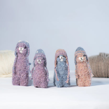 Needle Felted Pastel Alpaca w/ Mini Chullo Hat – Lilac, Light Blue &amp; Light Salmon