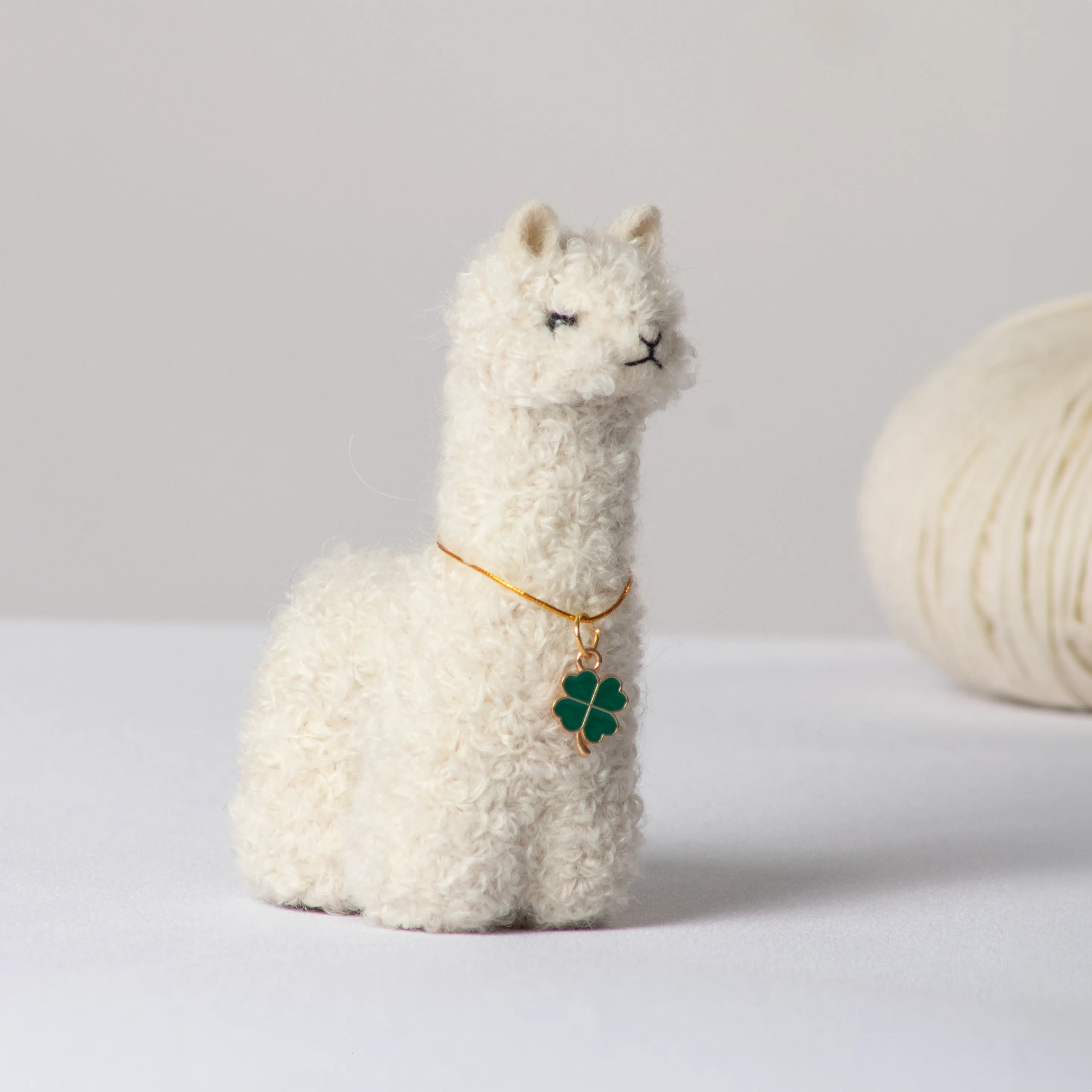 Needle Felted Alpaca w/ 4 Leaf Clover Charm